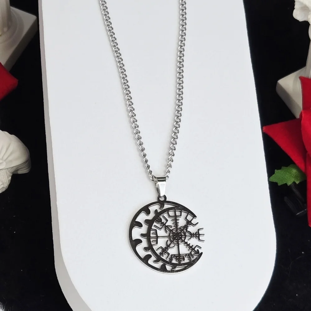 Vegvisir Viking Compass Necklace Crescent Moon Norse Rune Amulet 24” Silver Gift